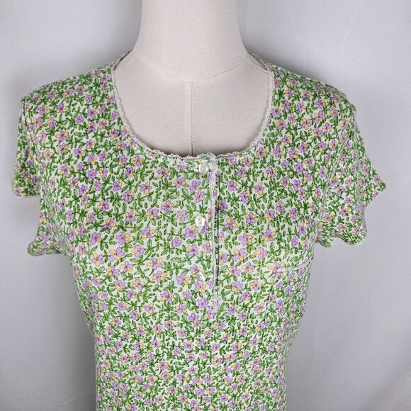 PinkK Vintage Y2K Kmart Floral Nightgown Sz Large Dainty Lace Trim Green Purple - Picture 2 of 10